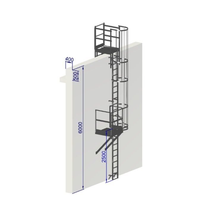 Échelle à crinoline hauteur 6000 mm avec passage d'acrotère EN ISO 14122-4
