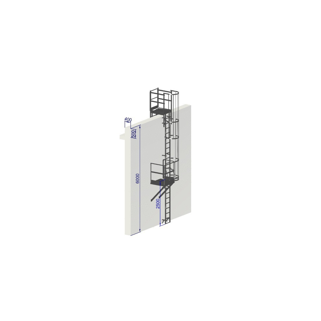 Escalera de protección dorsal de altura 6000 mm con paso de antepecho EN ISO 14122-4